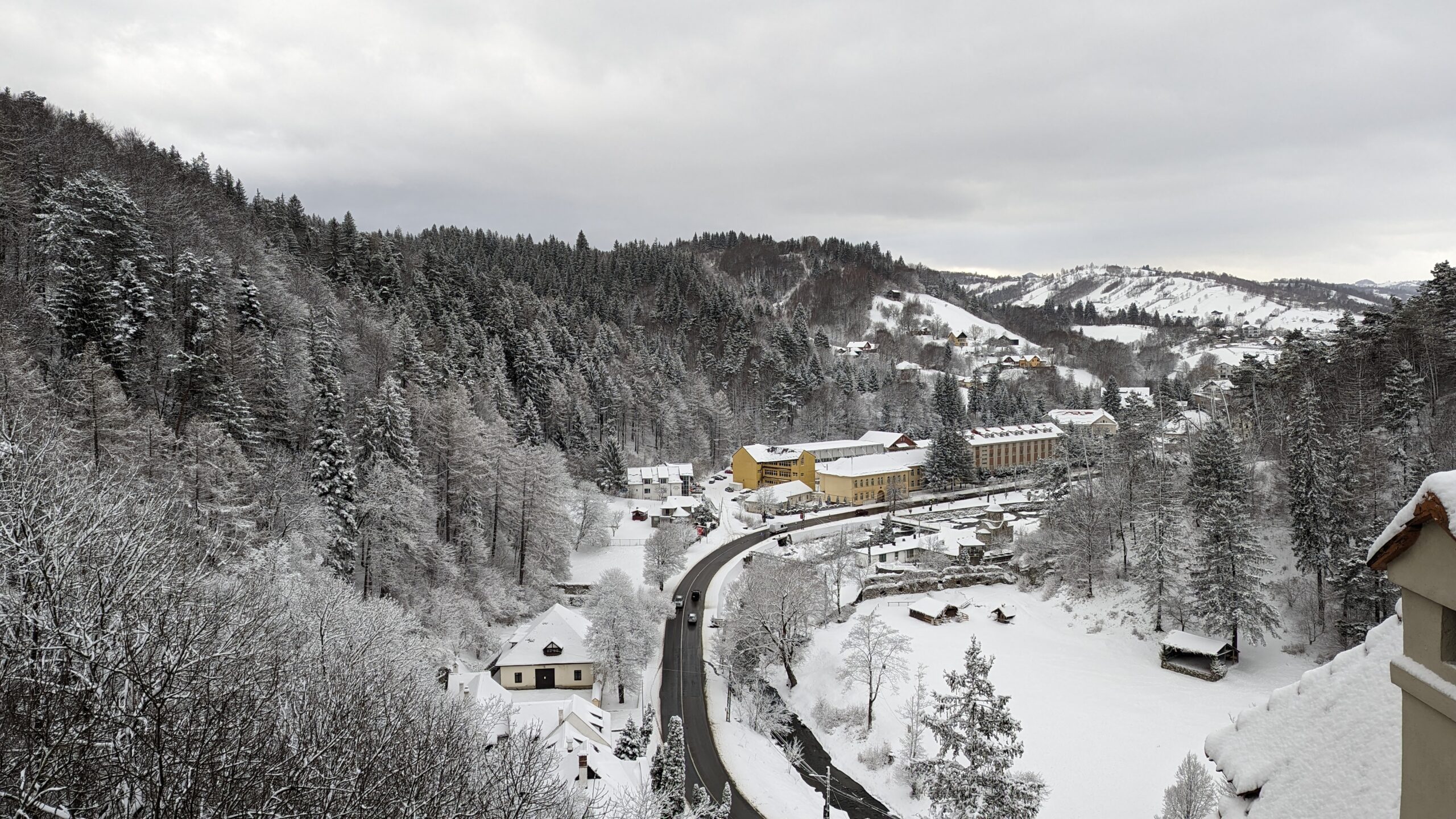 Looking over the snow covered Transylvanian country side from the top of Bran Castle, Romania.