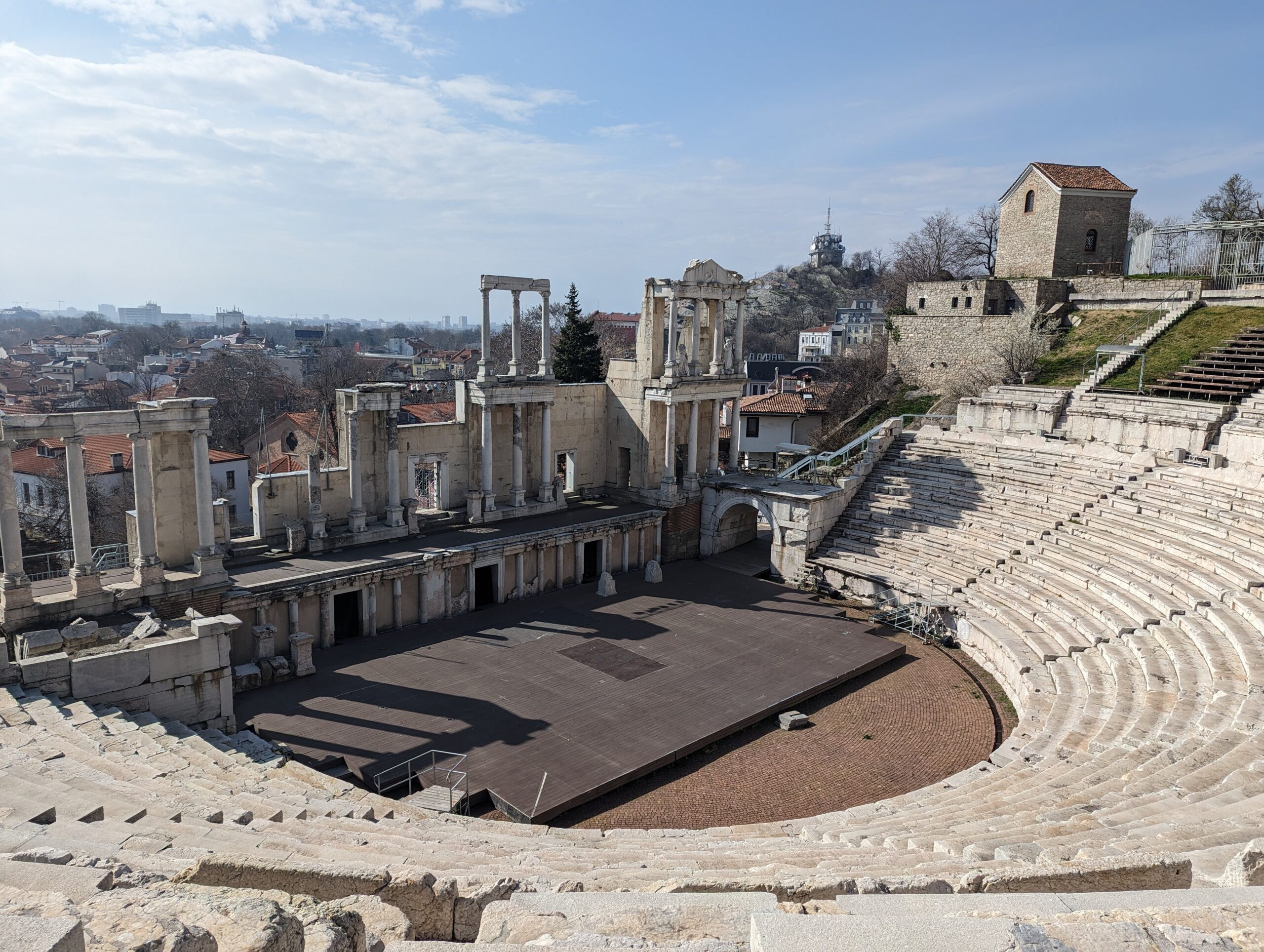 Clear blue skies above the roman amphitheatre in Plovdiv, Bulgaria.