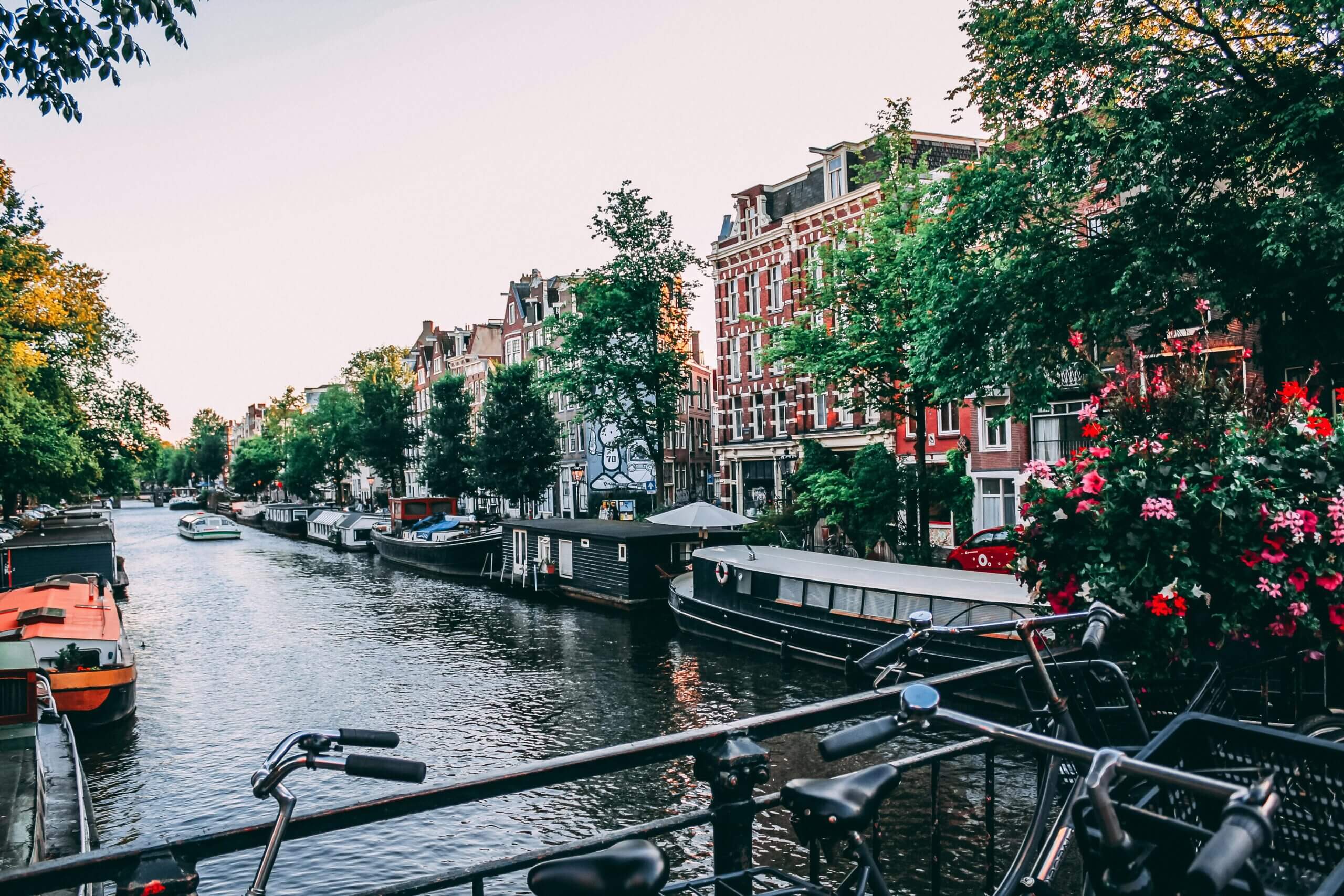 Beautiful coloured townhouses set on the canals of Amsterdam, Netherlands.